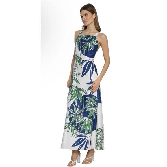 ANTHROPOLOGIE MAGGY LONDON Cream & Navy “Suki” Palm Print Maxi Dress Sz 16 NWT - Picture 1 of 16